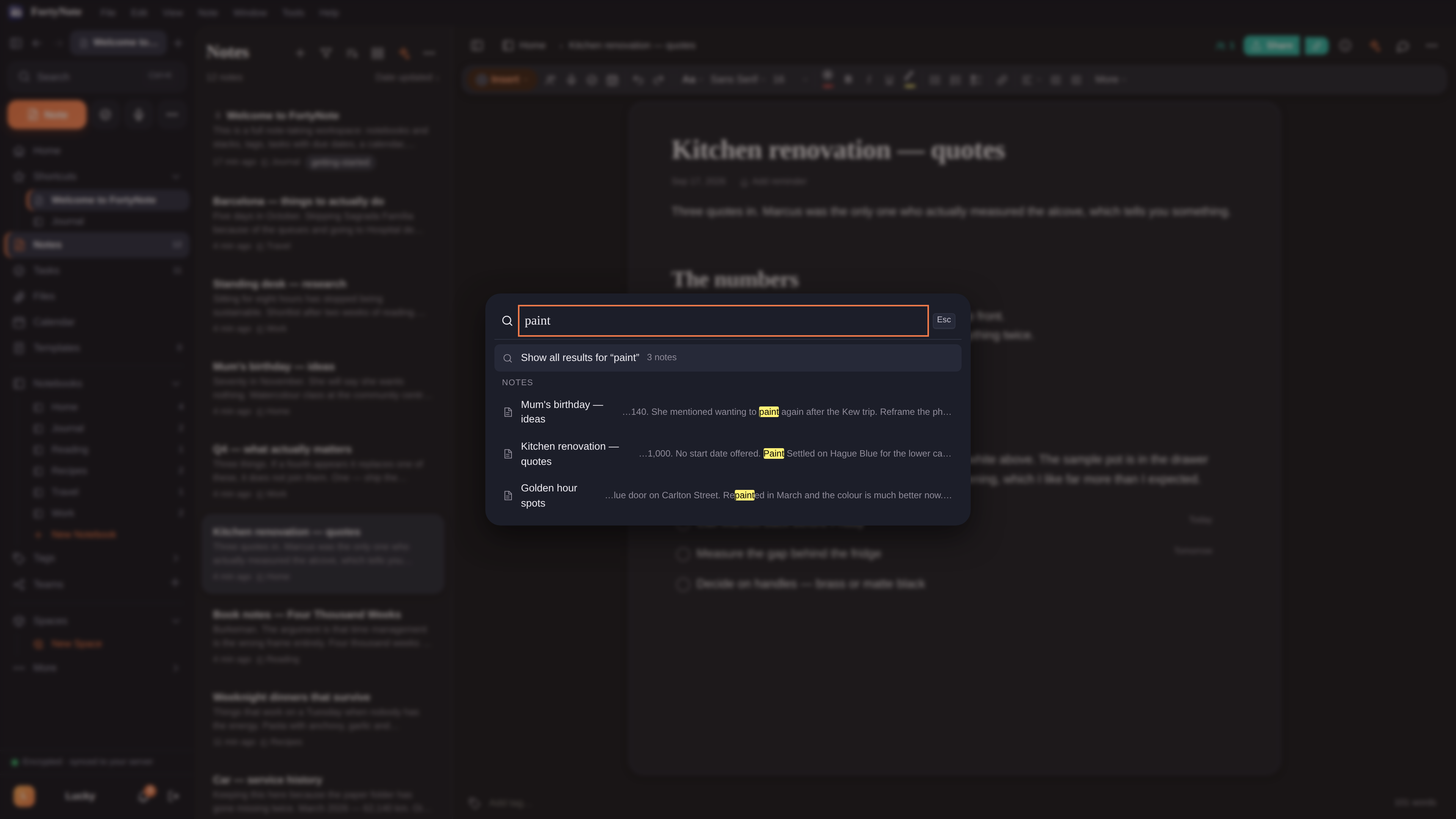 FortyNote search results showing matches inside note body text, not just titles